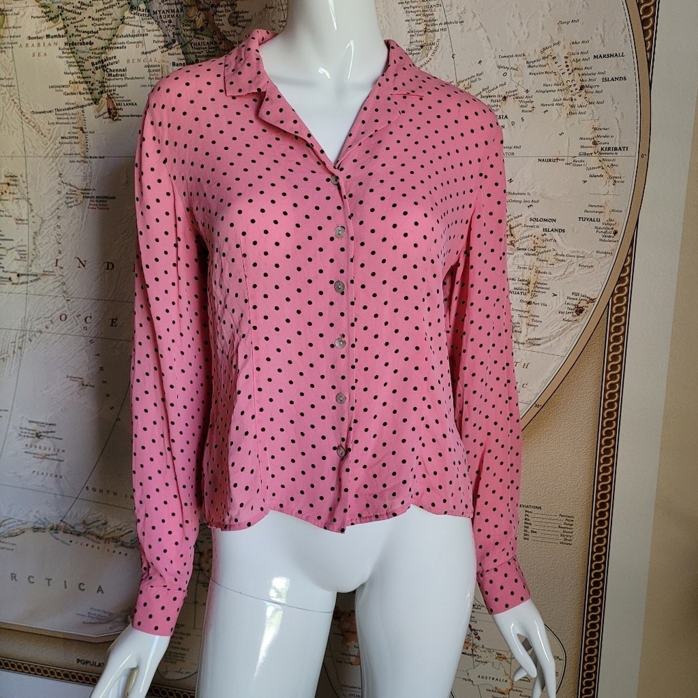 Casual Corner vintage 100% silk pink black polka dots button up blouse office 10